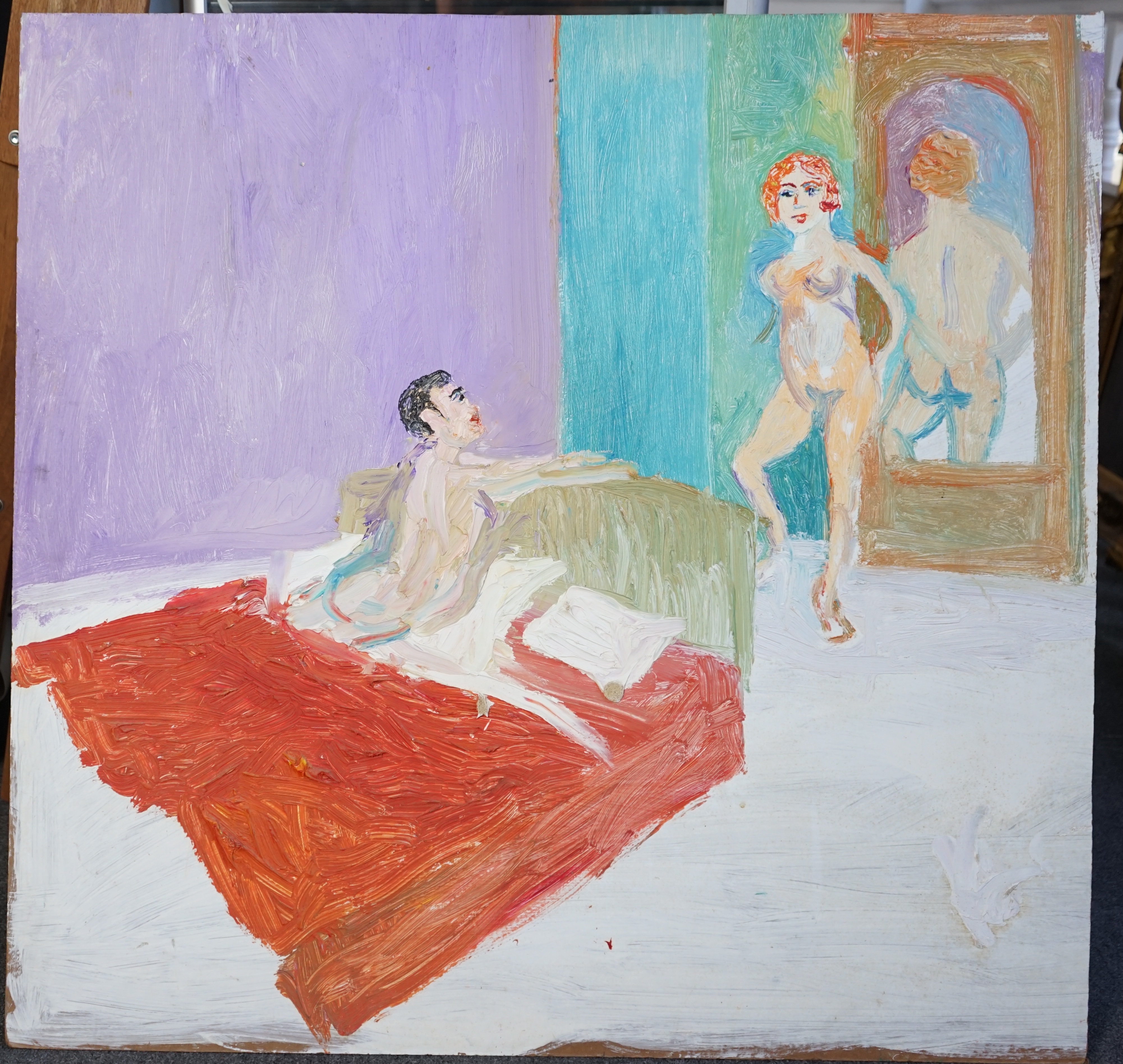 Fred Yates (English, 1922-2008), Naked couple in bedroom, oil on board, 94 x 98cm, unframed